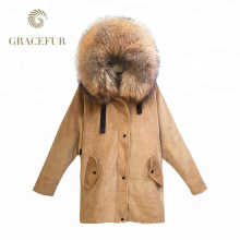 China supplier wholesale Cheap real raccoon fur hooded Parka woman with fur linin